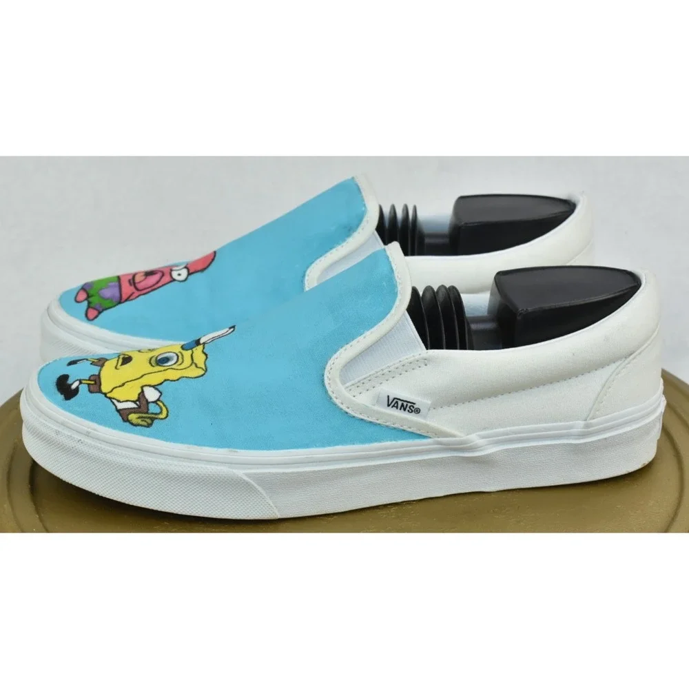 Vans Men Shoes Size 8.5 Custom White Painted Rare SpongeBob & Patrick Slip On